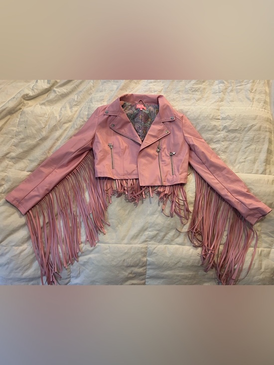 Dolls Kill Jackets & Blazers - Dolls Kill Pink Cropped Fringe Faux Leather Moto Jacket